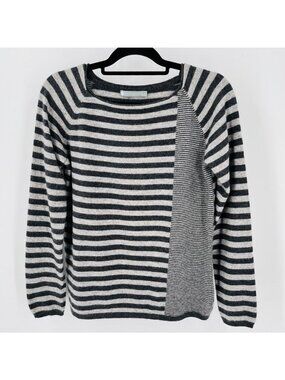 InCashmere Crewneck Sweater Size L Grey Contrasting Stripe 100% Cashmere